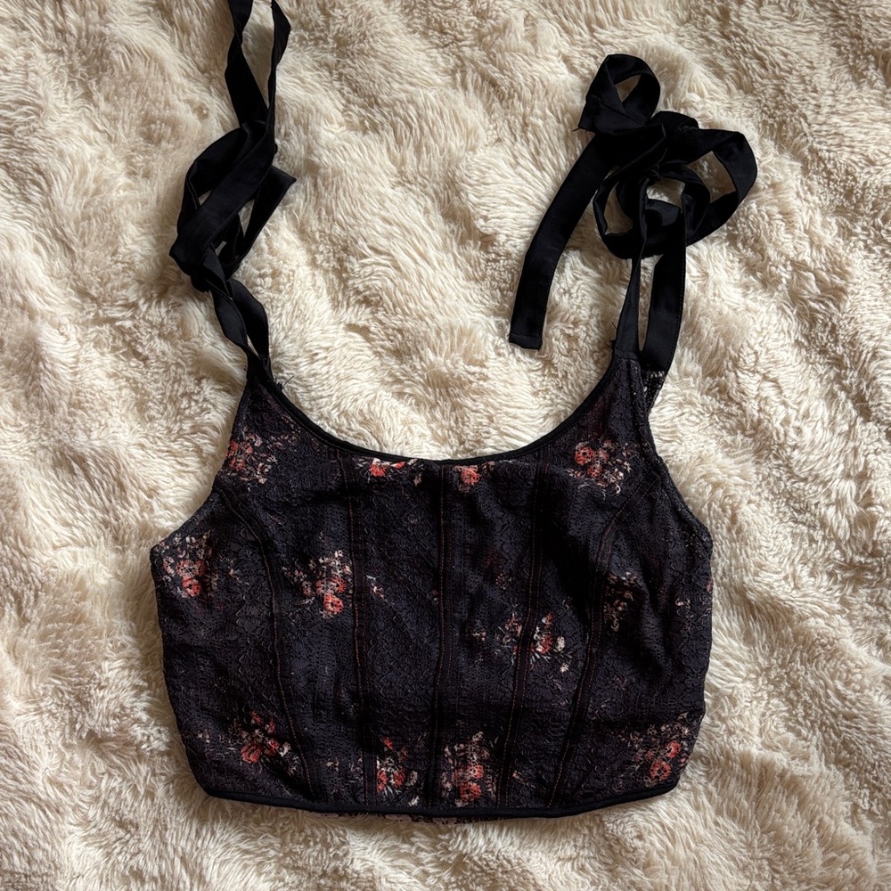 Free People Black Floral Lace Tie-Strap Crop Top